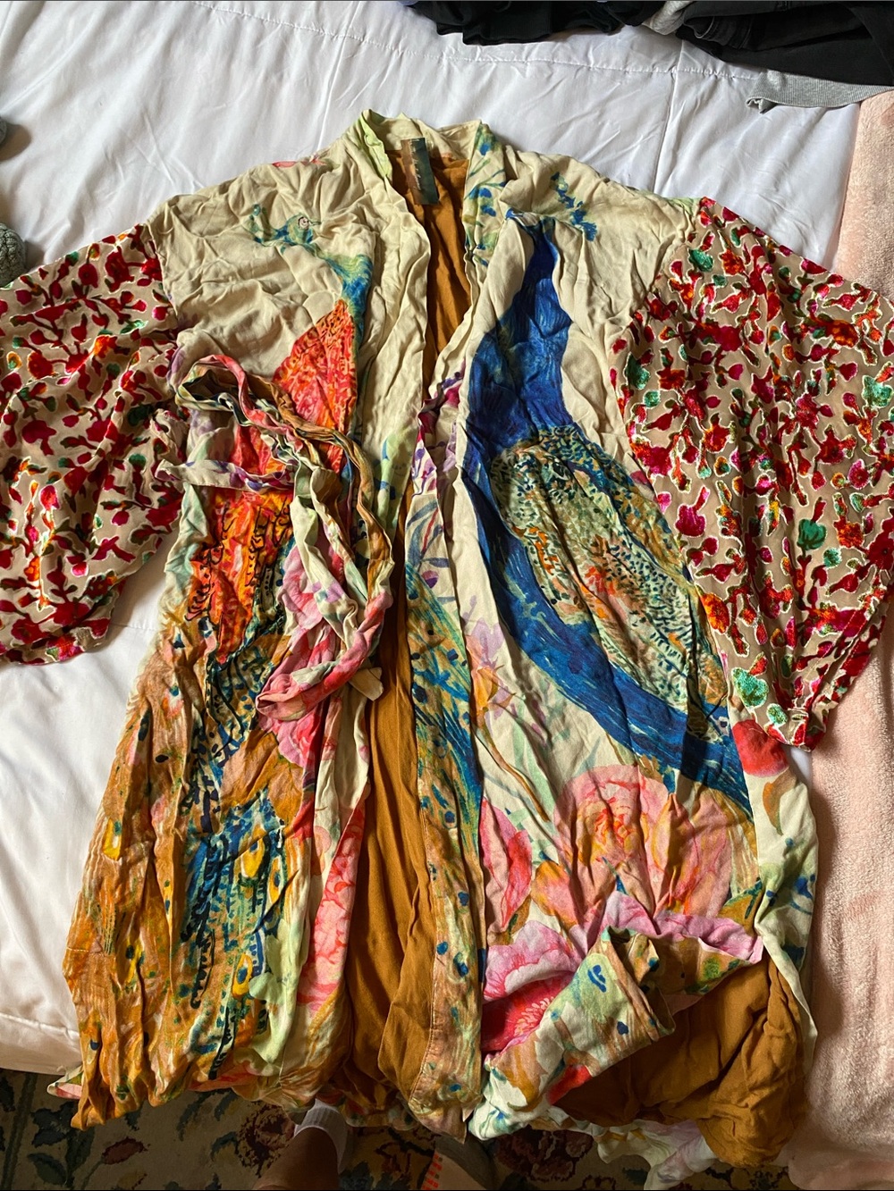 Boho Floral & Peacock Print Open Front Tunic - Multi-Color